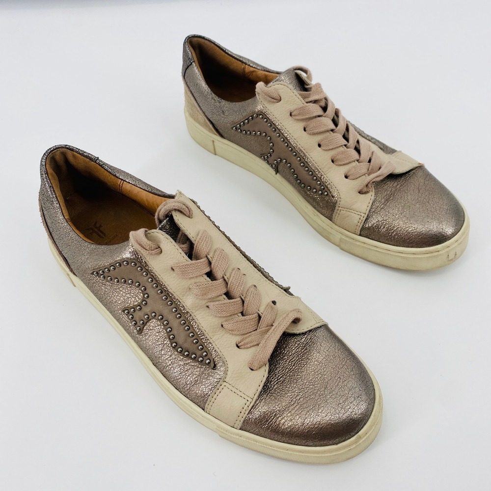 Frye Studded Low Lace Sneakers Womens 8.5 Bronze Metallic Leather